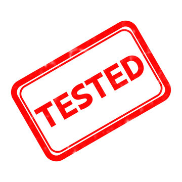Tested red rubber stamp icon, weathered grunge seal with tested text, industrial quality control mark isolated on white background