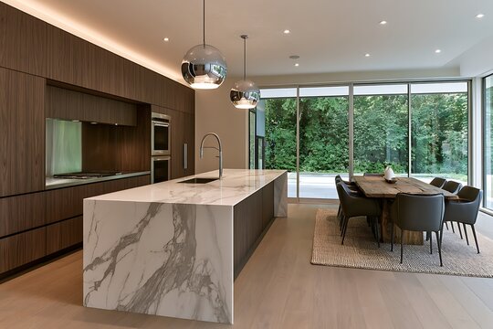 Modern luxury kitchen interior with wood cabinetry, marble waterfall island, and dining area featuring large floortoceiling windows overlooking a lush green forest