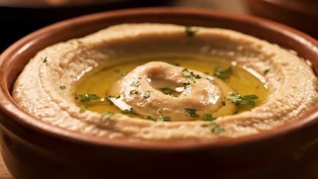 Delicious creamy homemade hummus dip topped with high-quality olive oil and fresh parsley served in a rustic ceramic bowl, a healthy Mediterranean and Middle Eastern appetizer.