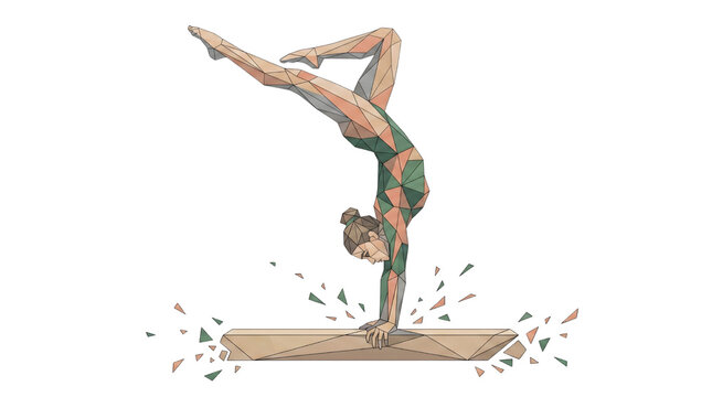 Female Gymnast Performing Handstand Split on Balance Beam Low Poly Geometric Line Art Isolated on Transparent Background