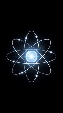 Atomic structure model featuring glowing nucleus and orbiting electrons on dark background representing nuclear science particles physics chemistry research energy innovation.