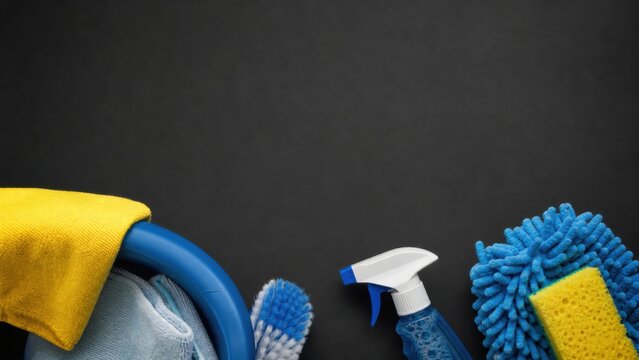 Essential Home Cleaning Kit Arranged on Black Background Features Blue Bucket Spray Bottle Brush and Sponges with Ample Copy Space