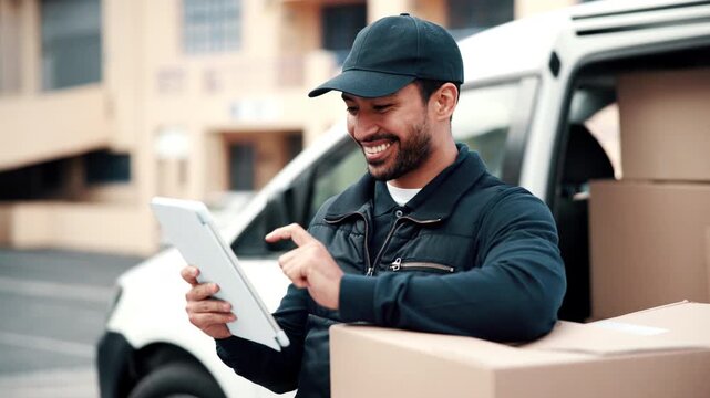 Logistics, smile and delivery man with tablet, outdoor or stock inventory for ecommerce order on web. Supply chain, courier and happy person with boxes, inspection and shipping update with technology