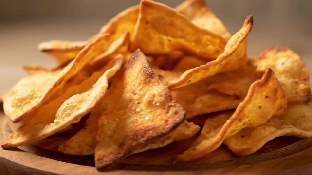 Homemade Crispy Seasoned Pita Chips Piled High on a Wooden Serving Board, Macro Close-up of Golden Snack Food Texture