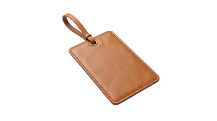 Obraz premium Brown leather luggage tag with strap, premium tan travel bag identifier, blank leatherette suitcase label for vacation and business trips isolated PNG with Transparent Background