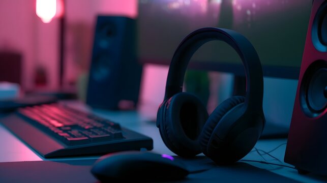Black over ear headphones rest on a desk beside a keyboard and mouse under colorful ambient lighting