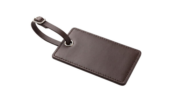 Premium brown leather luggage tag with buckle strap, elegant travel identification accessory, professional suitcase name label for business trips isolated PNG with Transparent Background