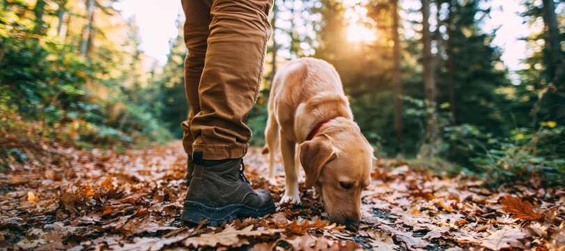 Dog and person hiking on a forest trail with a golden retriever in autumn nature