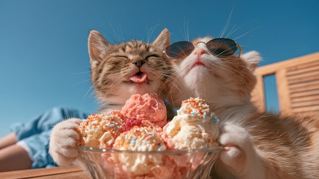 Two cats enjoy a sunny day with a bowl of colorful ice cream, one wearing sunglasses and the other sticking out its tongue playfully.