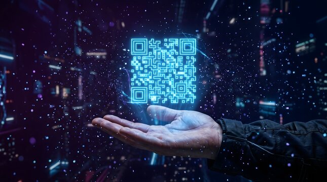 Futuristic Holographic QR Code Floating Above Hand in Cyberpunk City Background