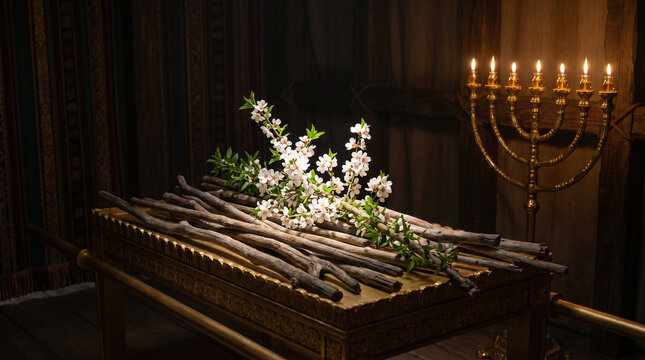 Aaron's wooden staff miraculously budding, blossoming, and producing almonds inside the Tabernacle