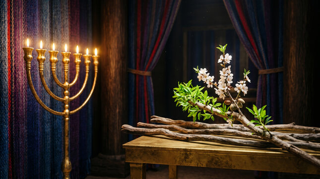 Aaron's wooden staff miraculously budding, blossoming, and producing almonds inside the Tabernacle