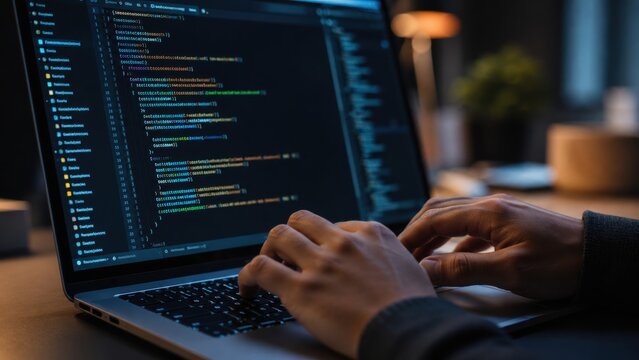 Developer programming typing code on laptop keyboard while working at night in a dark office.