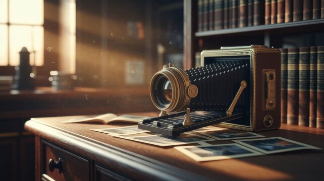 Vintage Film Camera on Wooden Desk in Cozy Library Interior