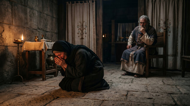 Hannah praying silently in the tabernacle with moving lips and no sound, while Eli the priest watches her suspiciously