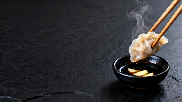 Wooden Chopsticks Lifting Steaming Dumpling into Soy Sauce