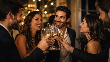 Fototapeta premium Friends at a party holding wine glasses to make a toast together indoors.