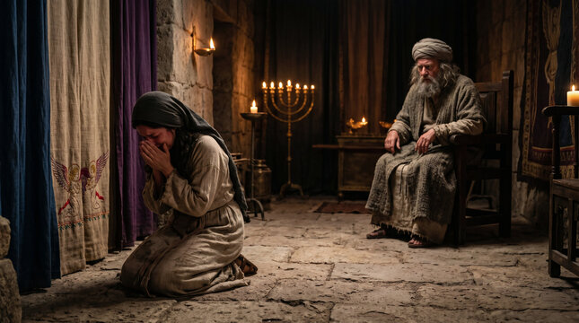 Hannah praying silently in the tabernacle with moving lips and no sound, while Eli the priest watches her suspiciously
