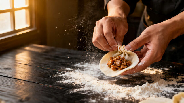 Chef Hands Pleating Dumpling on Wooden Table