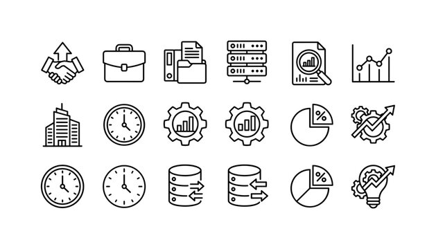 Business Management and Analytics Line Icon Set with Handshake Server Database Pie Chart Clock Vector Concept