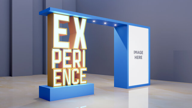 3d illustration gate entrace EXPERIENCE big text with blank space logo company digital futuristic technology decoration for event exhibition. high resolution image.