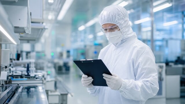 Worker in cleanroom holding clipboard inside modern factory as technician.