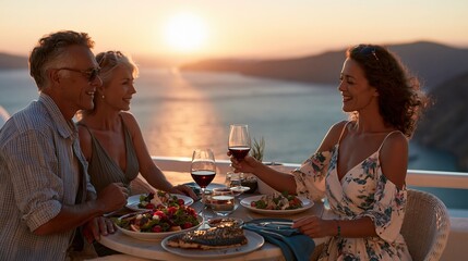 Fototapeta premium Couple and woman enjoying a celebratory dinner with wine at sunset overlooking the ocean
