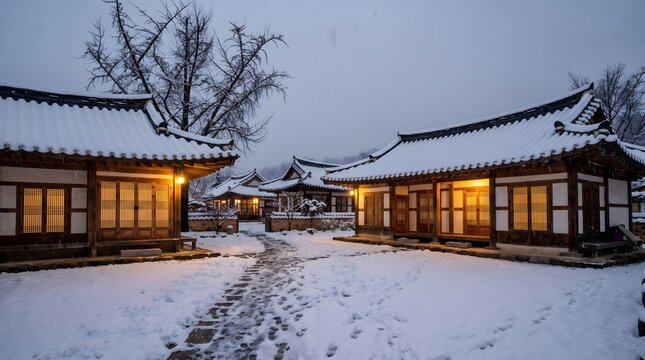 Traditional Korean Hanok Village Covered in Snow with Warm Lights at Evening