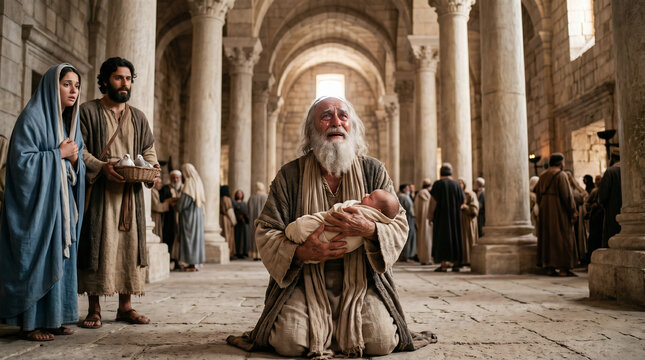The elderly Simeon weeping with joy in the temple as he holds the infant Jesus, realizing he has seen the Messiah