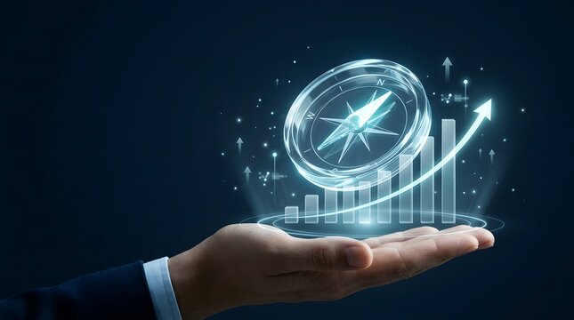 Hand holding glowing compass and rising chart representing strategic business navigation and market guidance