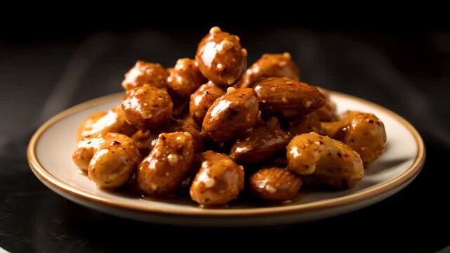Gourmet Caramel Glazed Mixed Nuts Including Almonds and Cashews Served on a Small Plate Against a Dramatic Dark Background