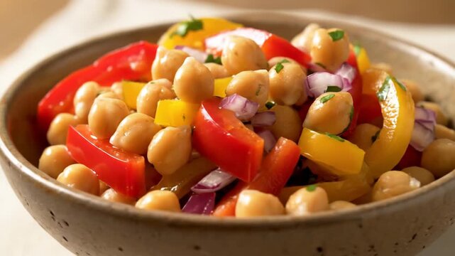 Vibrant Mediterranean Chickpea Salad with Bell Peppers, Red Onion, and Herbs in a Rustic Bowl, Close-up Shot of Healthy Vegan Meal.