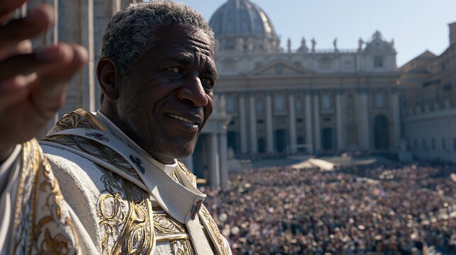 Elderly Black Man in Papal Vestments Waving to Cheering Crowd in St. Peter's Square, Vatican City