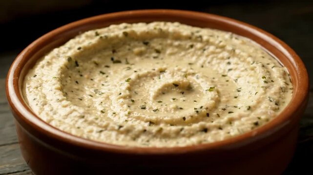 Close-up view of creamy homemade hummus garnished with fresh herbs and olive oil, served in a rustic clay bowl on a dark wooden background. Perfect appetizer or healthy snack.