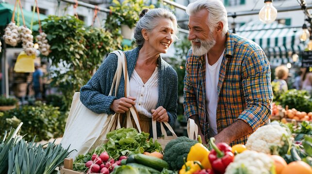 Happy senior couple enjoying shopping for fresh produce at a vibrant outdoor farmer's market