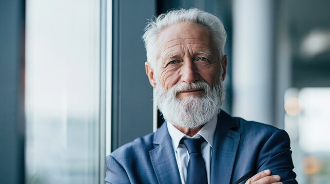 Confident senior businessman with distinguished gray beard and blue suit standing by window