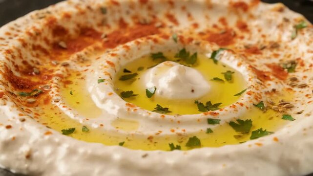 Delicious homemade hummus dip close-up garnished with olive oil, paprika, and fresh herbs, showcasing rich texture and authentic Middle Eastern cuisine.