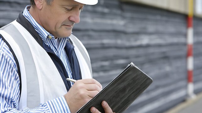 Construction site inspector wearing hard hat and safety vest carefully reviewing plans on a clipboard