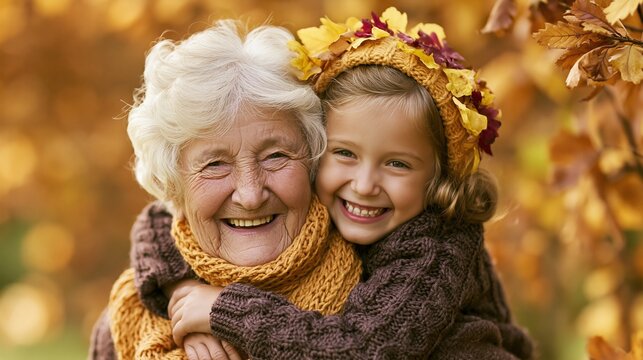 Joyful grandmother and granddaughter embracing outdoors in vibrant autumn foliage, capturing fall family moments