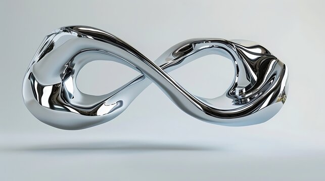 Fluid chrome liquid infinity symbol sculpture with organic morphing shapes and high gloss reflections