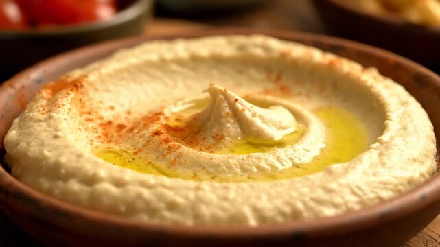 Close-up of traditional creamy homemade hummus in a rustic terracotta bowl, drizzled with extra virgin olive oil and garnished with red paprika powder.