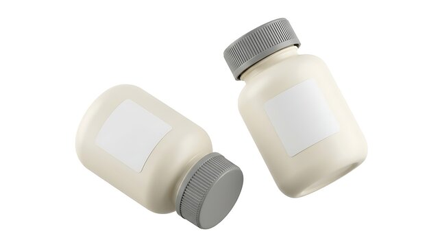 Two small cream colored plastic pill bottles with gray caps and blank labels for medicine or supplement packaging design mockup isolated on white background