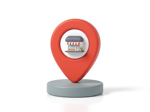 3D location map pin with small store building icon location business navigation commerce