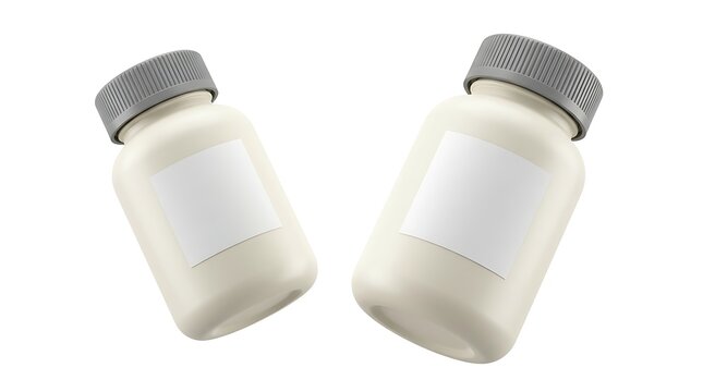 Two empty plastic medicine bottles with blank white labels and grey caps for health supplements or pharmaceutical products isolated on white background