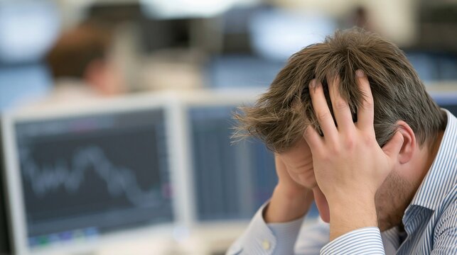 Stressed Trader Experiencing Financial Loss with Downward Market Trend Displayed on Screens