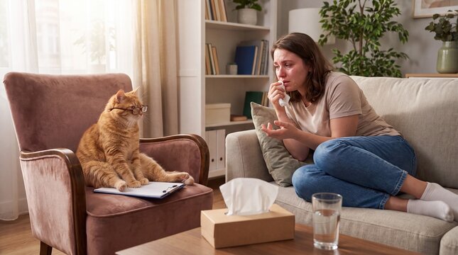 A ginger cat psychologist therapist listens while a sad young woman is crying on a sofa.