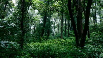 Fototapeta premium A lush forest canopy with dense green foliage and tall trees under soft diffused light creating a serene natural environment