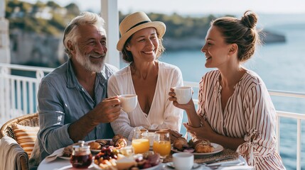 Fototapeta premium Happy multi-generational family enjoying a scenic breakfast outdoors by the sea