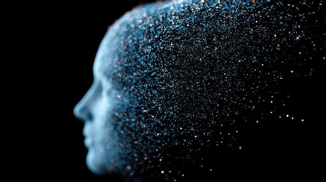 Abstract AI concept, human face dissolving into glowing particles against a dark background