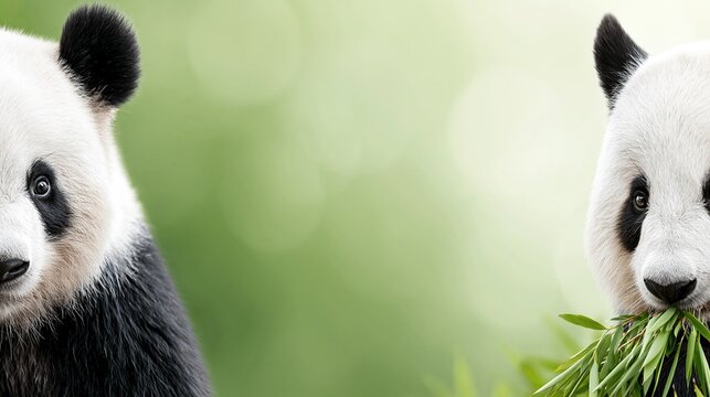 Close-up of two adorable giant pandas in a lush green bamboo forest, one eating bamboo leaves